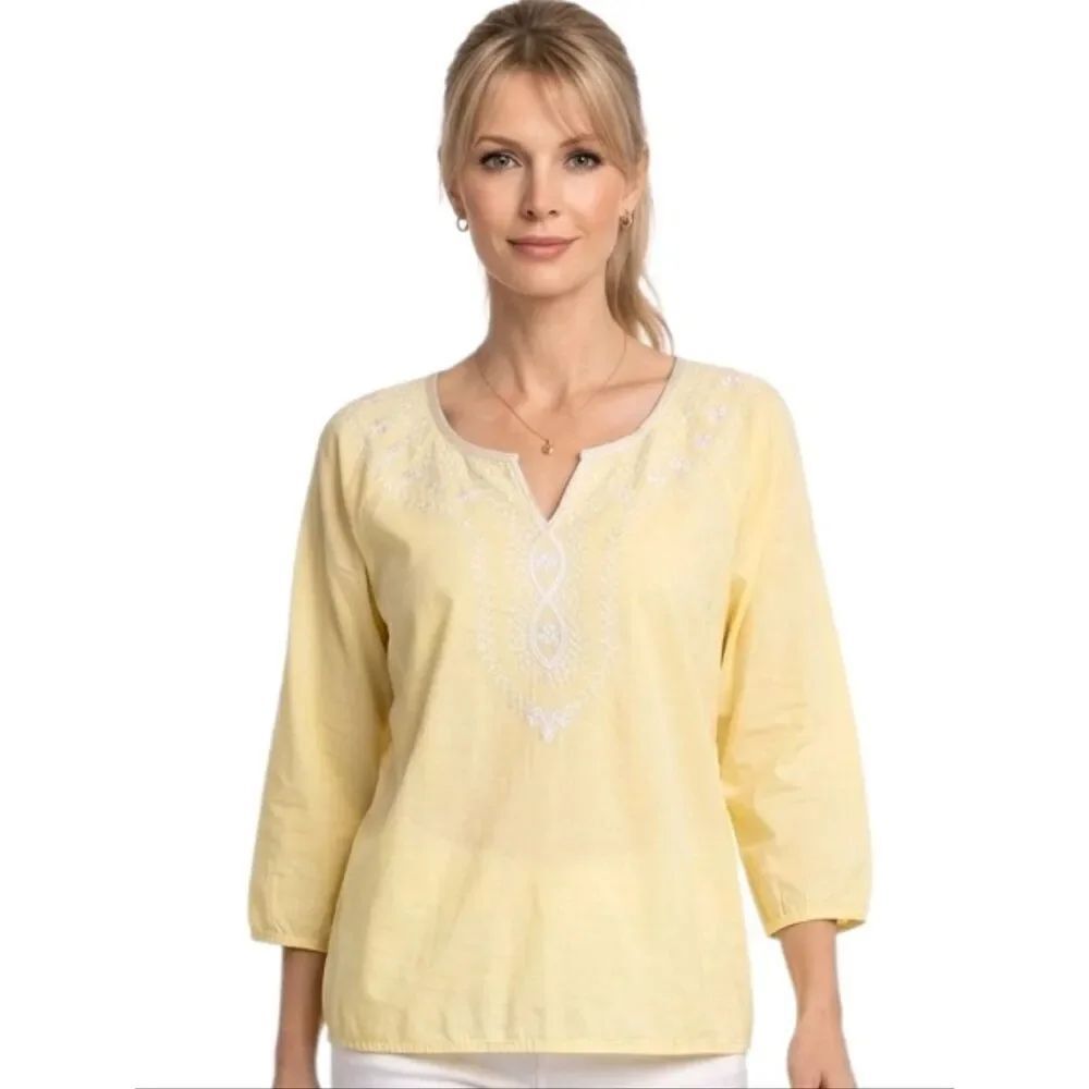 Relativity Yellow Embroidered 3/4 Sleeve Sheer 100% Cotton Summer Blouse Size S